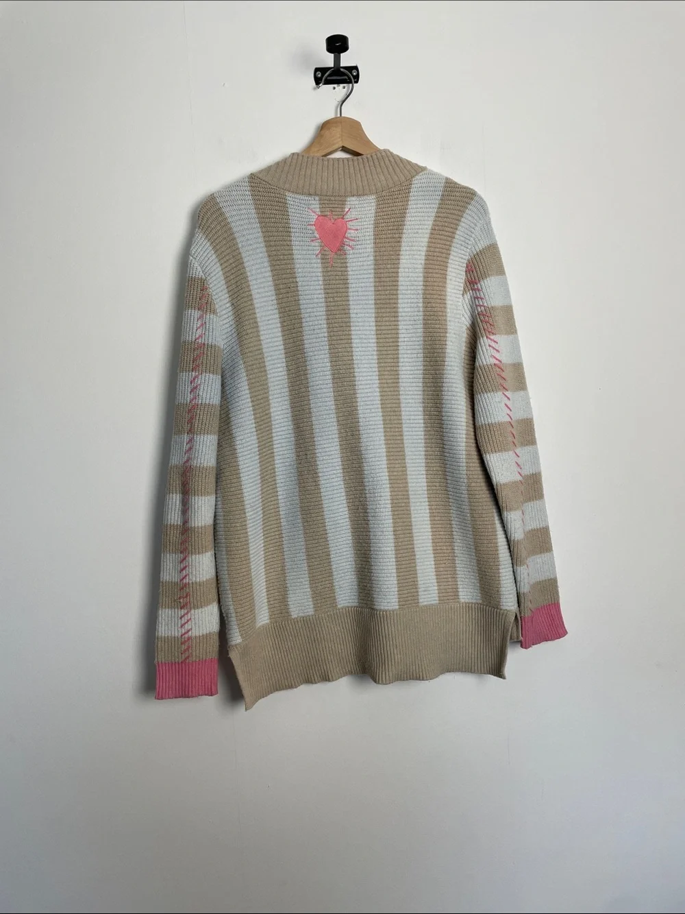 Kerri Rosenthal Striped V-Neck Button Pockets L Cardigan Pink Accents Sweater